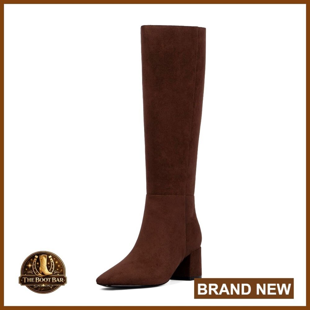 Knee High Boots Chunky Heel Square Toe Faux Suede Tall Boots - Picture 1 of 7